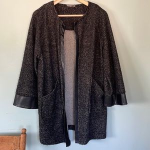 Zara collection black with faux leather trim open front sweater jacket, size L